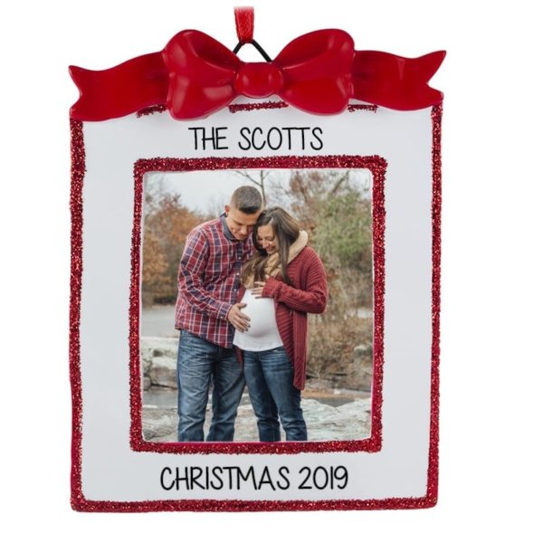 Expecting Couple Picture Frame RED Bow Ornament Easel Back