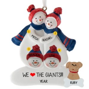New York Giants Snow Family of 4 + Dog BLUE & RED Ornament