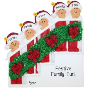 Image of Personalized Family Of 5 On Christmasy Stairs Ornament