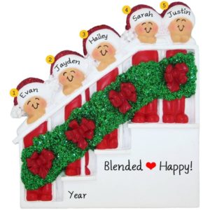 Blended Family Of 5 On Christmasy Stairs Ornament