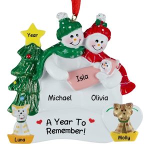 Personalized New Parents Holding Baby GIRL With 2 CATS Ornament