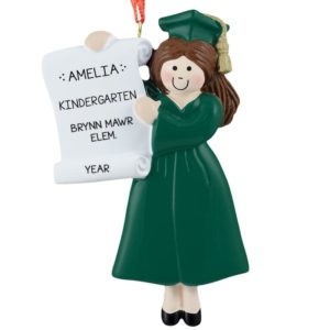 Personalized Preschool / Kindergarten Girl Graduate GREEN Robe Ornament BRUNETTE
