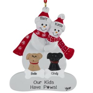 Snow Couple With 2 Dogs As Kids Personalized Ornament