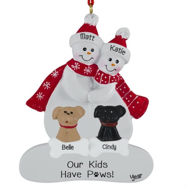Image of Snow Couple With 2 Dogs As Kids Personalized Ornament