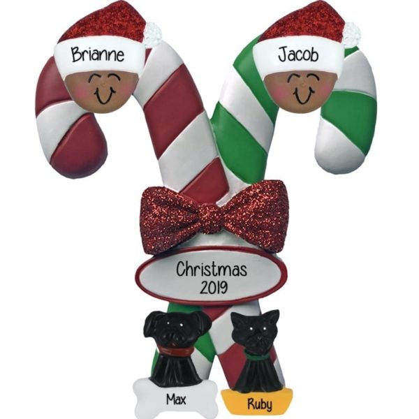 Personalized African American Couple + 2 Pets On Candy Cane Personalized Ornament