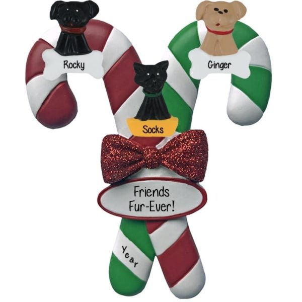 Personalized 3 Pets On Candy Cane Glittered Bow Ornament