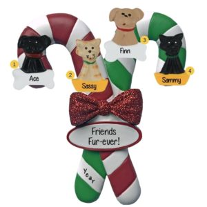 Personalized 4 Pets On Candy Cane Glittered Bow Ornament