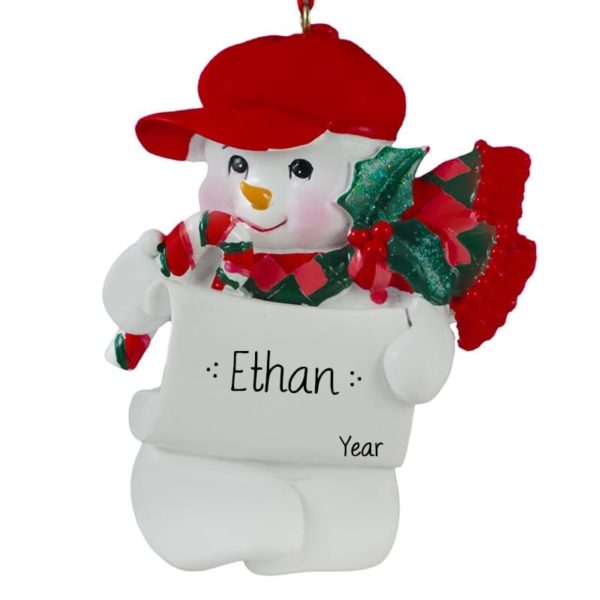 Personalized Snowman RED Cap & Holly Leaves Ornament