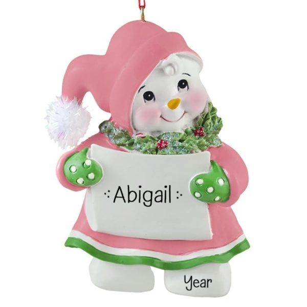 Personalized Snowman Wearing PINK Coat And Hat Ornament
