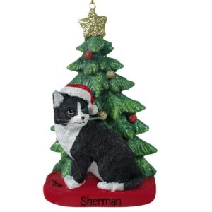 BLACK & WHITE Cat Santa Hat With Christmas Tree Ornament And Table Top Decoration