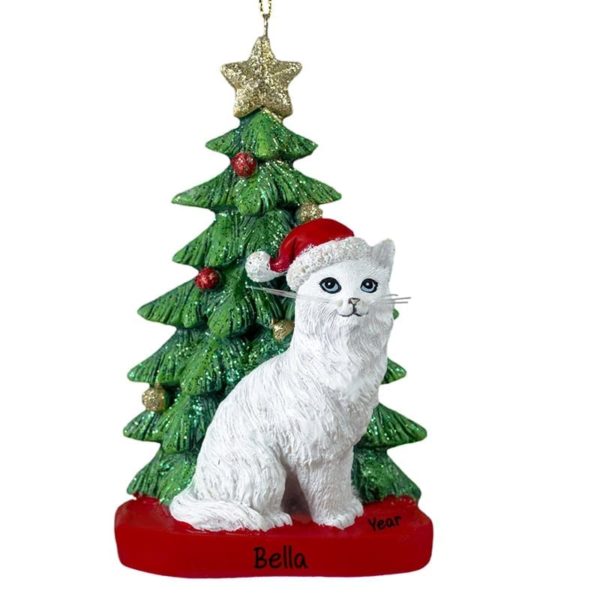 WHITE Cat Santa Hat With Christmas Tree Ornament And Table Top Decoration