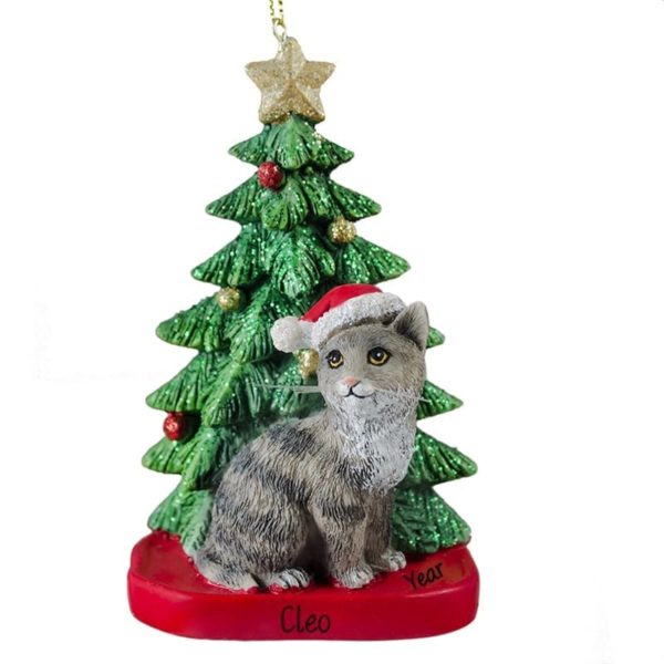 GRAY Striped Cat Santa Hat With Christmas Tree Ornament And Table Top Decoration