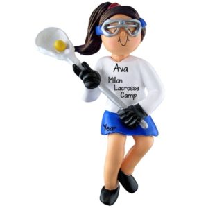 Image of Personalized Lacrosse Camp Female Holding Stick Ornament BRUNETTE