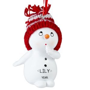 Snowman Wearing Knitted Hat Finger At Mouth 3-D Ornament