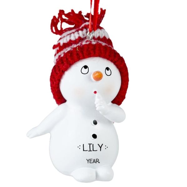 Snowman Wearing Knitted Hat Finger At Mouth 3-D Ornament