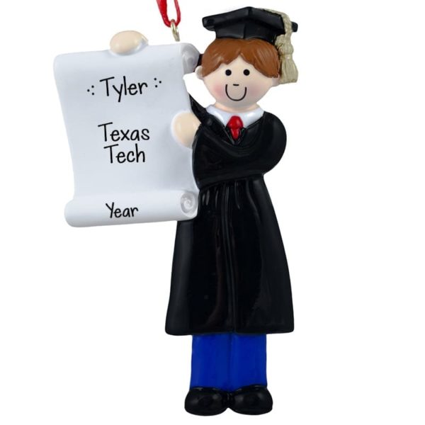 Male College Graduate BLACK Robe Holding Diploma Ornament BROWN Hair