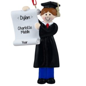 Male Middle School Graduate BLACK Robe Holding Diploma Ornament BROWN Hair
