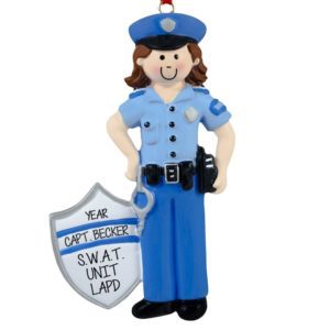 Personalized FEMALE Police Officer In Uniform Ornament BRUNETTE