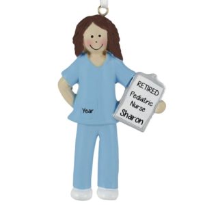 Retired Female Nurse Wearing BLUE Scrubs Ornament BRUNETTE