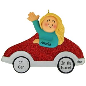 Personalized Own My First Car Girl BLONDE Glittered Ornament
