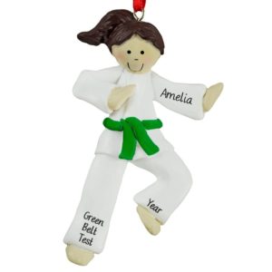 Personalized Karate GIRL GREEN Belt Ornament BRUNETTE