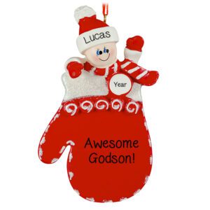 Image of Personalized Awesome Godson Glittered Mitten Ornament