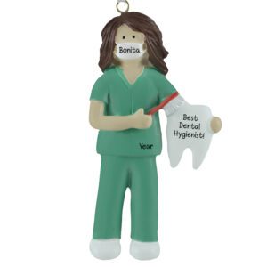 Personalized Dental Hygienist GREEN Scrubs Holding Tooth Ornament BRUNETTE