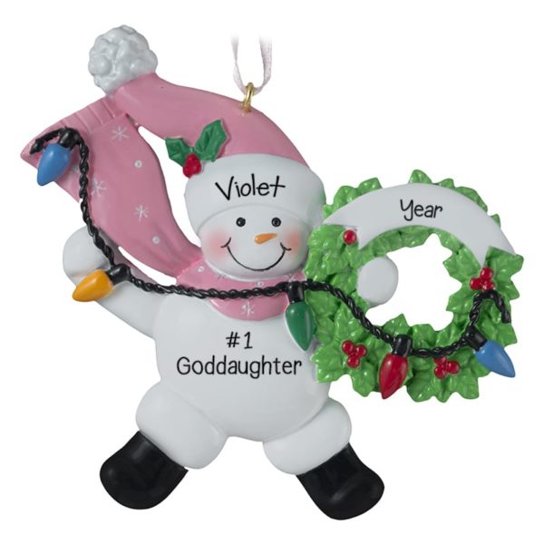 Image of Personalized #1 Goddaughter PINK Snowman With Christmas Lights Ornament