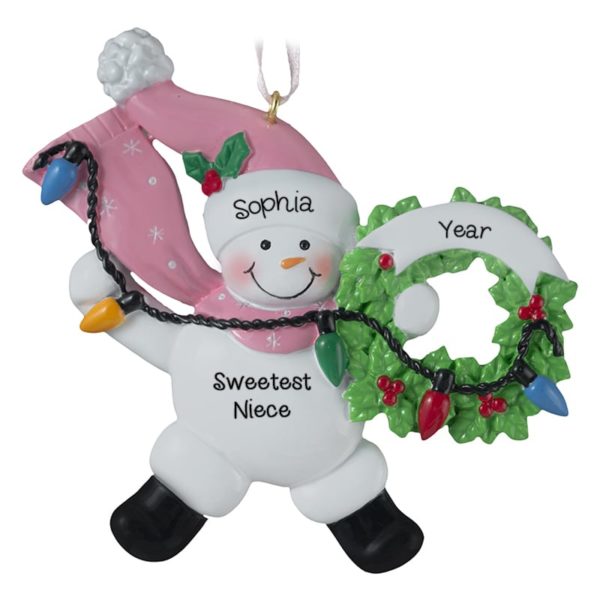 Personalized Niece PINK Snowman Christmas Lights Ornament
