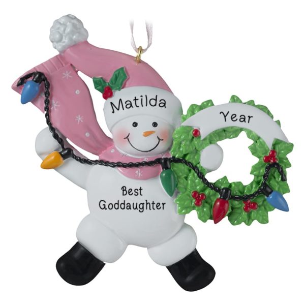 Goddaughter PINK Snowman With Christmas Lights Ornament