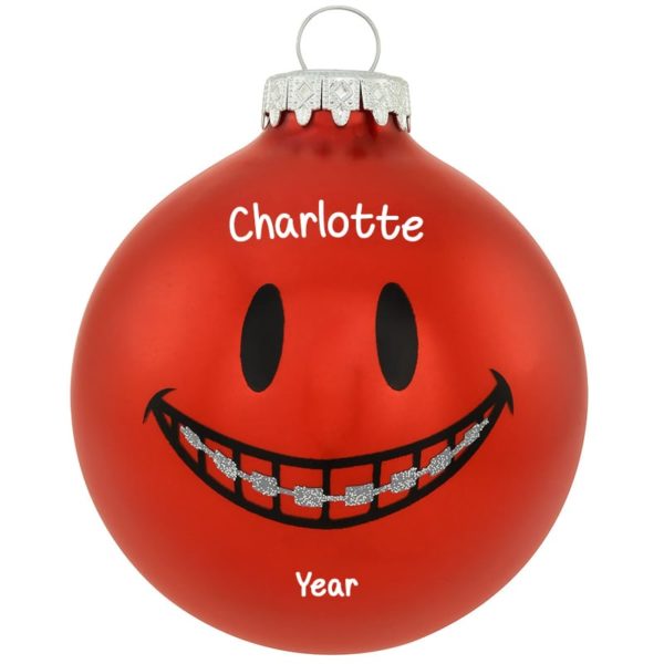 Personalized Smile Face With Braces RED Glass Ornament