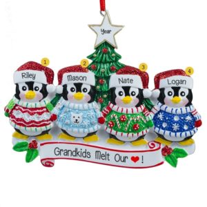 Personalized 4 Grandkids Penguins Dressed In Ugly Sweaters Ornament