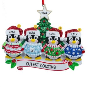 Four Cousins Penguins Dressed In Ugly Sweaters Ornament