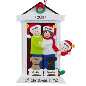 Personalized Door Family Of 3 + 2 DOGS Ornament BRUNETTE