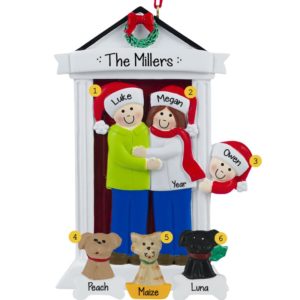 Personalized Door Family Of 3 + 3 Pets Ornament BRUNETTE