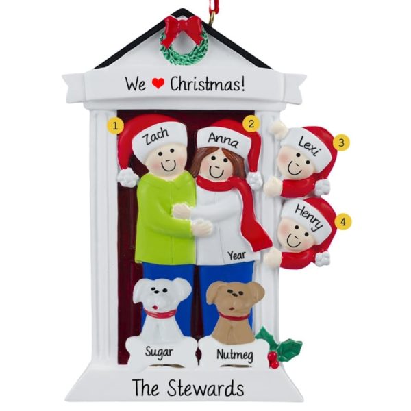 Image of Personalized Door Family Of 4 + 2 DOGS Ornament
