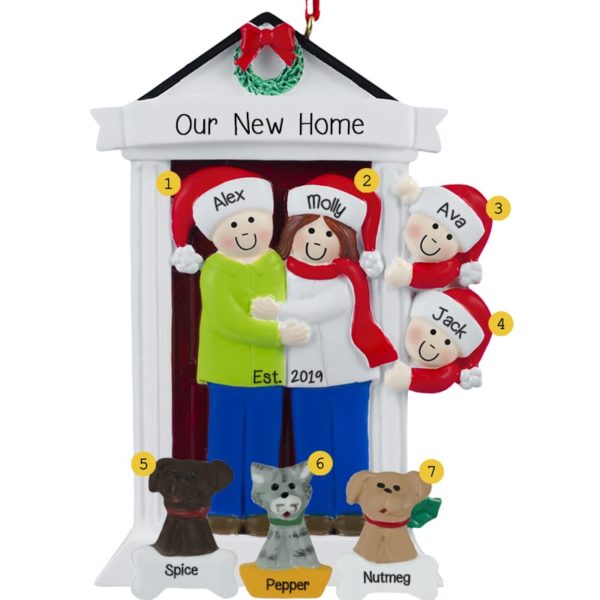 New Home Door Family Of 4 + 3 Pets Ornament