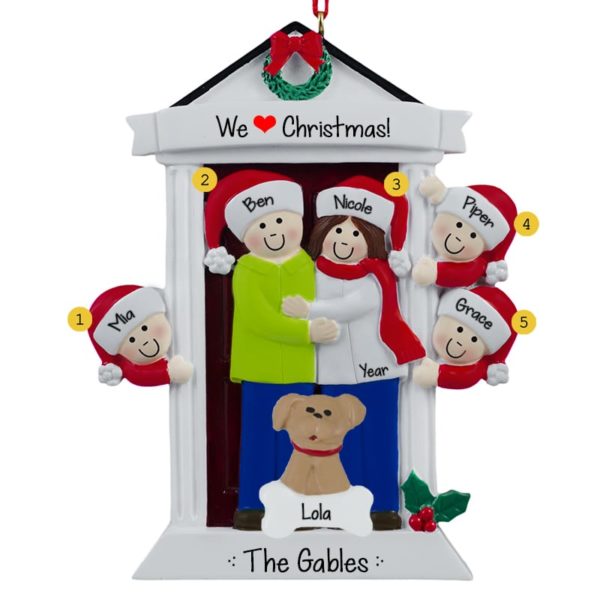 Image of Personalized Door Family Of 5 + 1 Pet Ornament BRUNETTE