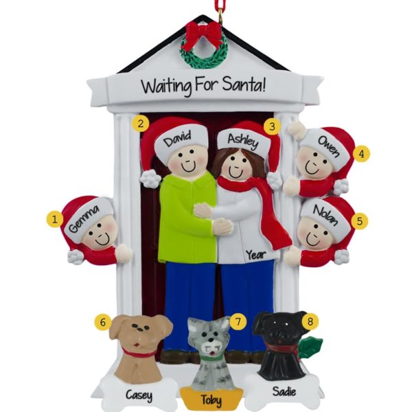 Image of Personalized Door Family Of 5 + 3 Pets Ornament BRUNETTE