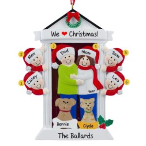 Personalized Festive Door Family Of 6 And 2 Pets Ornament BRUNETTE
