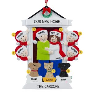 Personalized Festive Door Family Of 6 And 3 Pets Ornament BRUNETTE