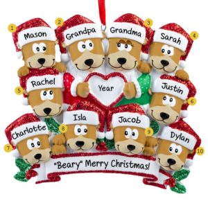 Grandparents + 8 Grandkids Bears Glittered Christmas Ornament
