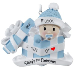 Personalized Baby BOY's 1st Christmas In Present Ornament
