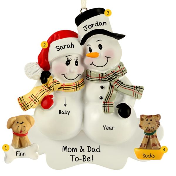 Expecting Snow Couple + DOG + CAT Personalized Ornament