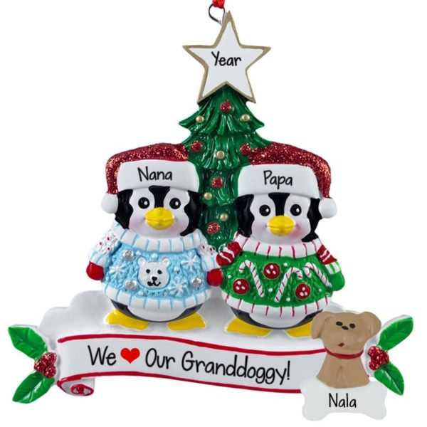 Grandparents With Dog Penguins Personalized Ornament