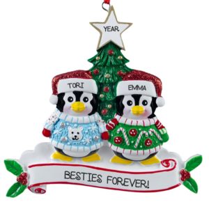 Personalized 2 Best Friends Penguins Wearing Ugly Sweaters Ornament
