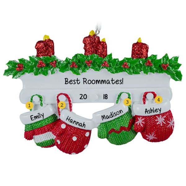 Personalized 4 Roommates Mittens on Mantle With CANDLES Ornament RED & GREEN