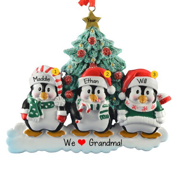 Personalized 3 Grandkids Penguins Glittered Tree Ornament
