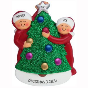 Image of Personalized Two Siblings Decorating Christmas Tree Ornament