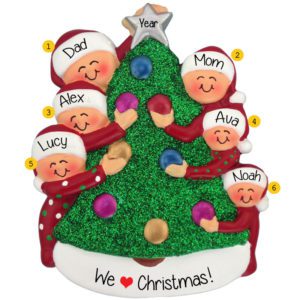 Image of Family Of 6 Decorating Christmas Tree Ornament